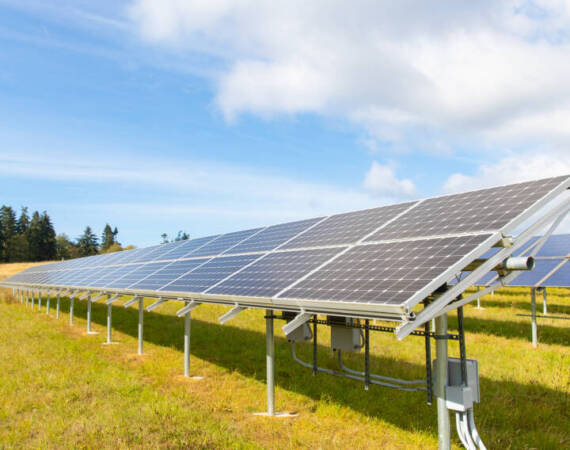 Solar energy panels outside at electricity farm